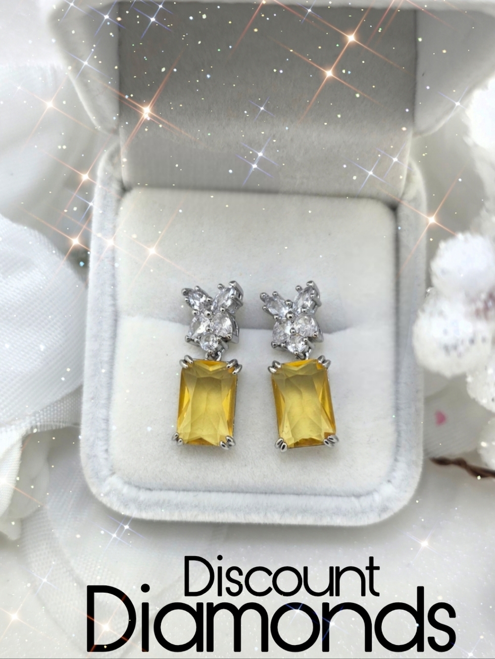 Yellow & Clear White Topaz Drop Earrings on 925 Sterling Silver - Picture 7 of 7
